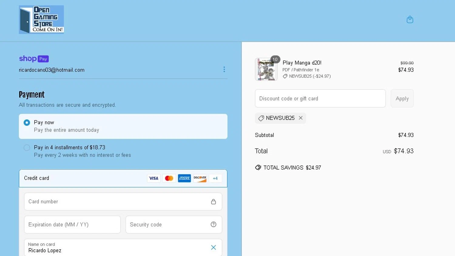 Open Gaming Store promo code screenshot showing code NEWSUB25 applied at Open Gaming Store checkout page. Uploaded by SimplyCodes community member LAMINEJAMAL on May 6, 2025