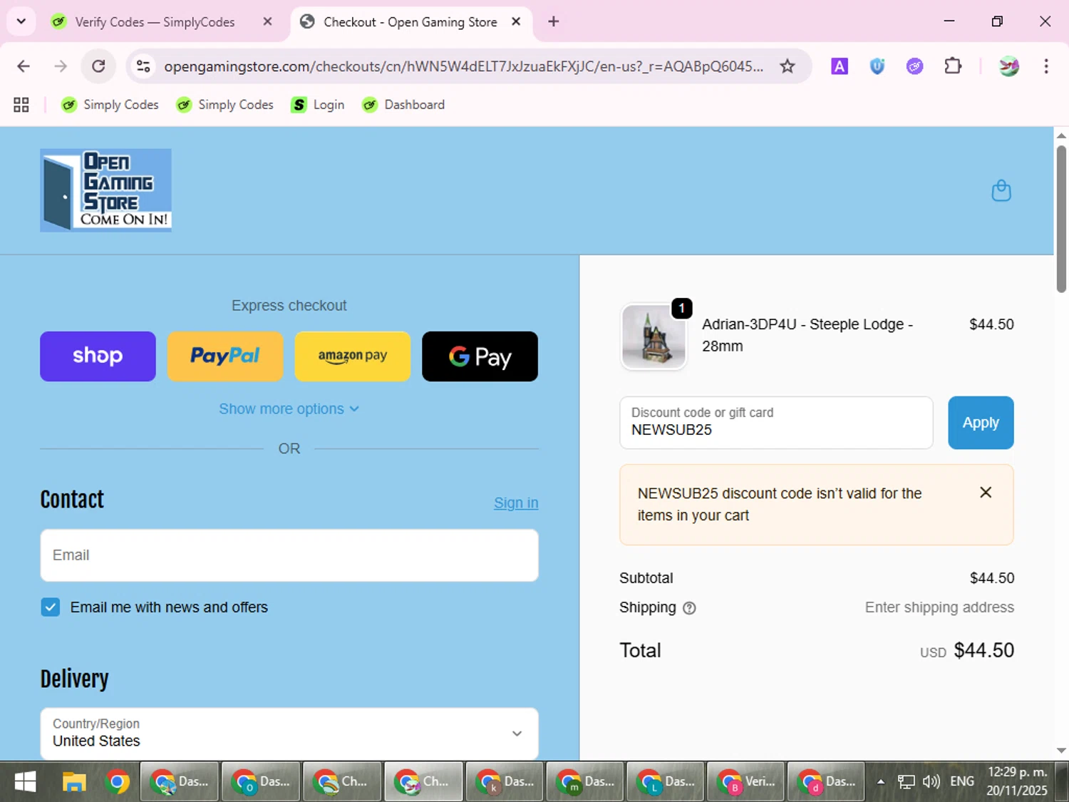 Open Gaming Store promo code screenshot showing code NEWSUB25 applied at Open Gaming Store checkout page. Uploaded by SimplyCodes community member SilverExpert5694 on Nov 20, 2025