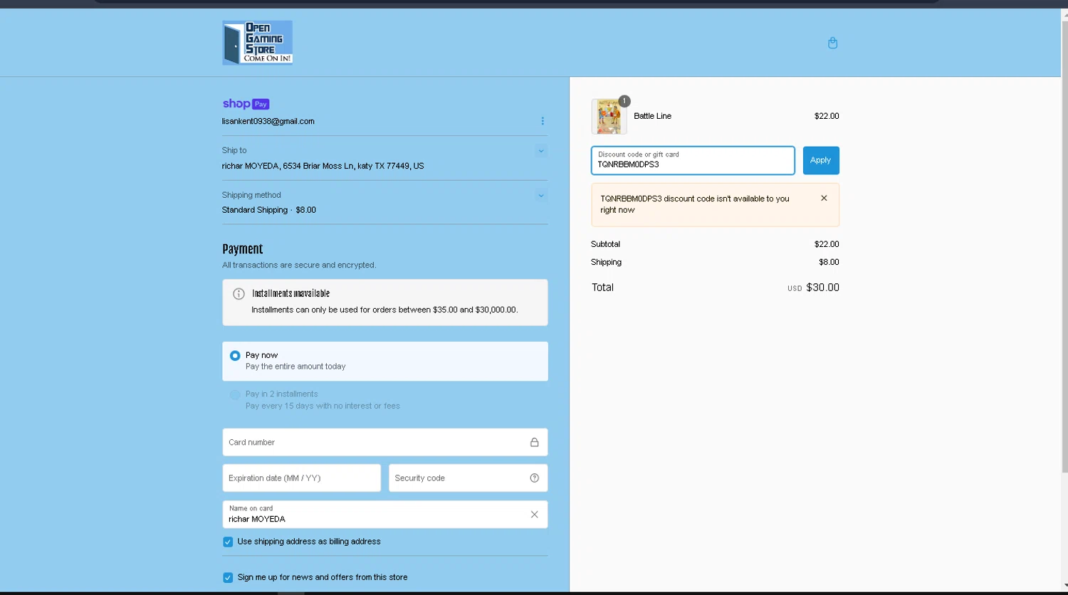 Open Gaming Store promo code screenshot showing code TQNRBBM0DPS3 applied at Open Gaming Store checkout page. Uploaded by SimplyCodes community member VEROSS on Feb 1, 2025
