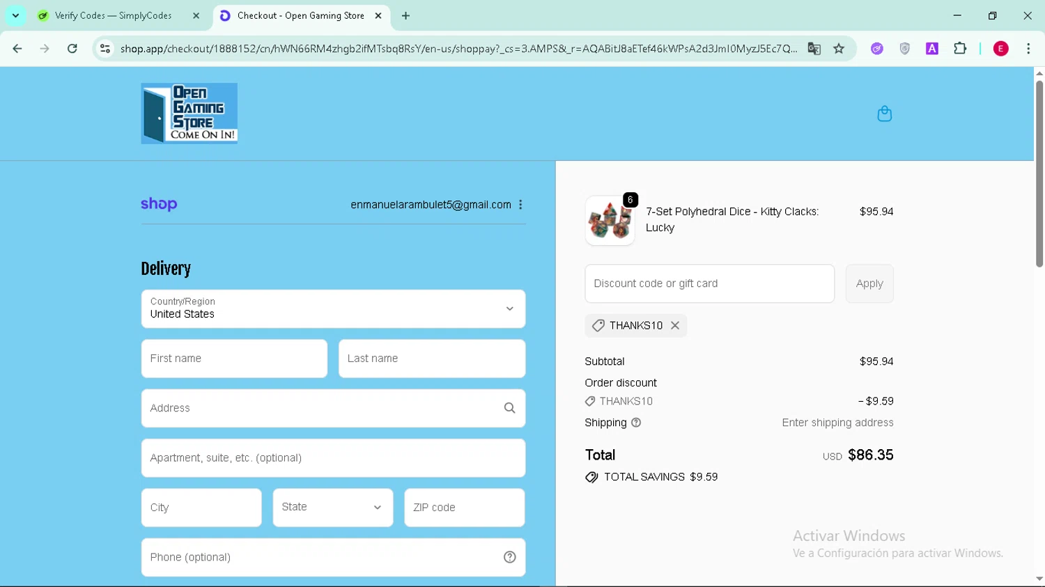 Open Gaming Store promo code screenshot showing code THANKS10 applied at Open Gaming Store checkout page. Uploaded by SimplyCodes community member Arambulet on Dec 6, 2025