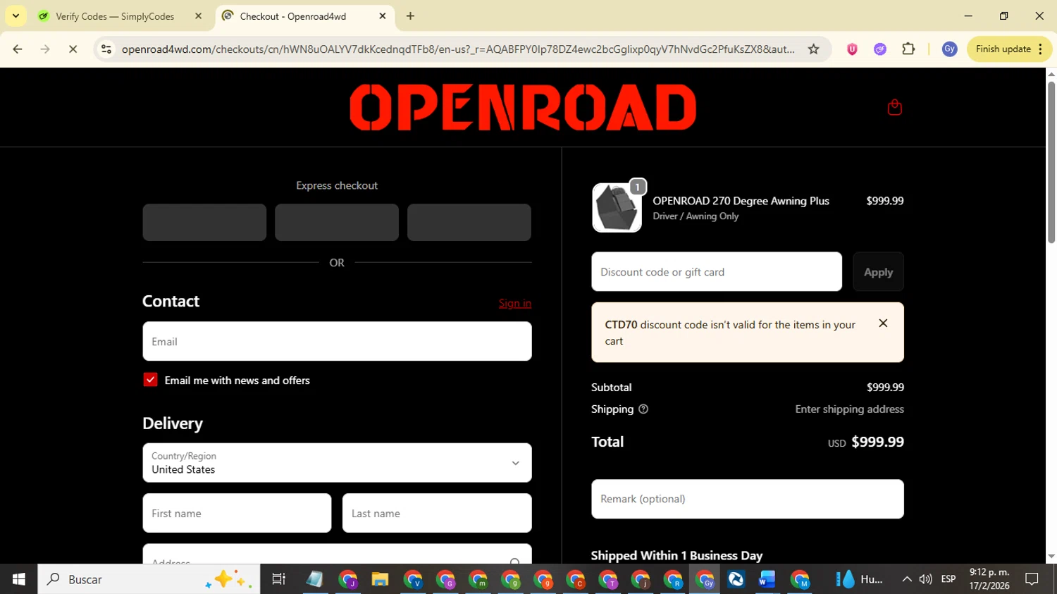 OpenRoad checkout page showing OpenRoad discount code box | Screenshot taken by SimplyCodes community member on Feb 18, 2026