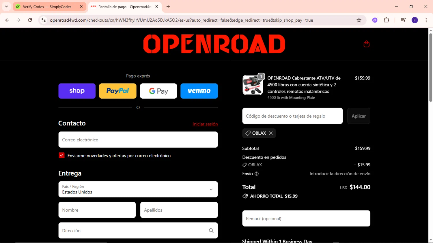 OpenRoad discount code screenshot showing code OBLAX applied at OpenRoad checkout page. Uploaded by SimplyCodes community member MightyCaptain635 on Oct 3, 2025