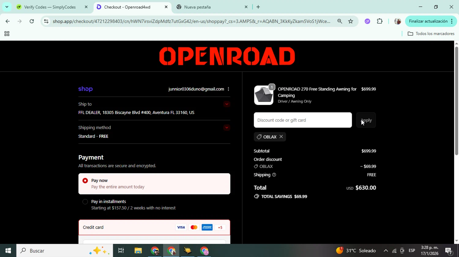 OpenRoad discount code screenshot showing code OBLAX applied at OpenRoad checkout page. Uploaded by SimplyCodes community member Mujerdejunnior on Jan 17, 2026