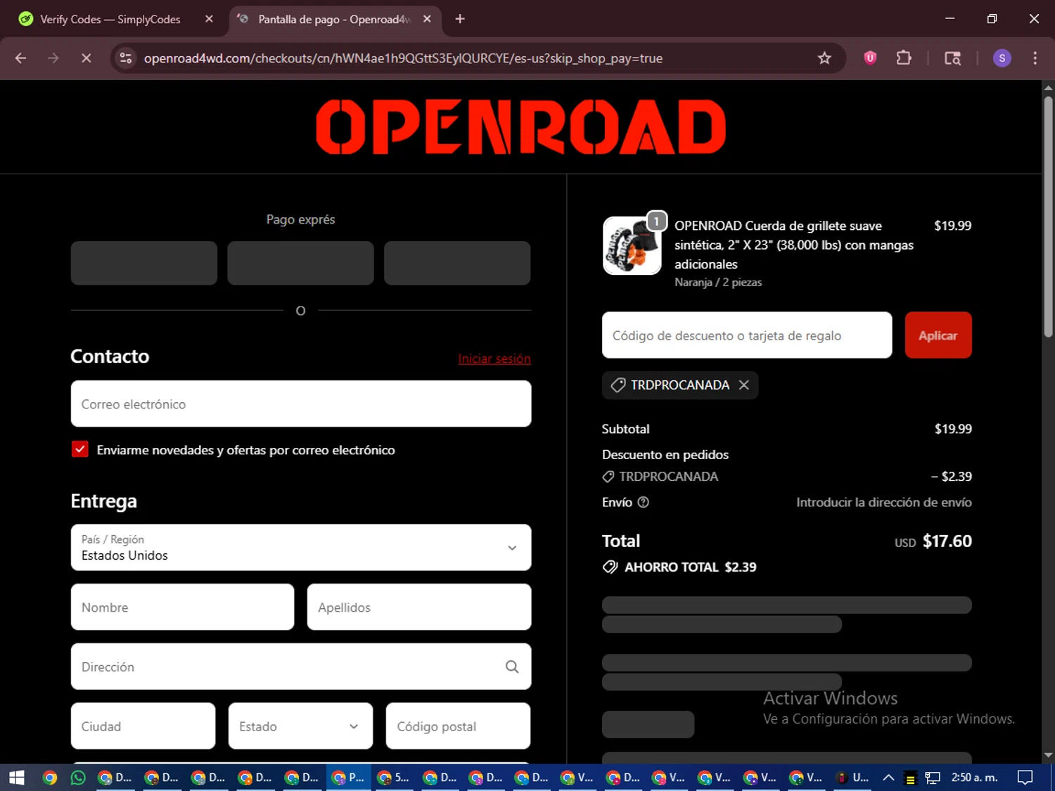 OpenRoad discount code screenshot showing code TRDPROCANADA applied at OpenRoad checkout page. Uploaded by SimplyCodes community member LuckyVoyager688 on Oct 27, 2025
