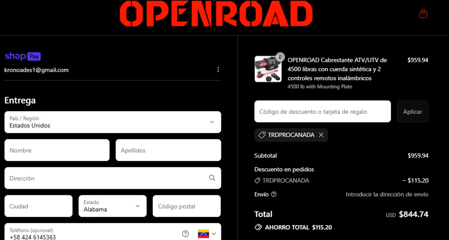 OpenRoad discount code screenshot showing code TRDPROCANADA applied at OpenRoad checkout page. Uploaded by SimplyCodes community member SavingsLegend7908 on Jul 14, 2025