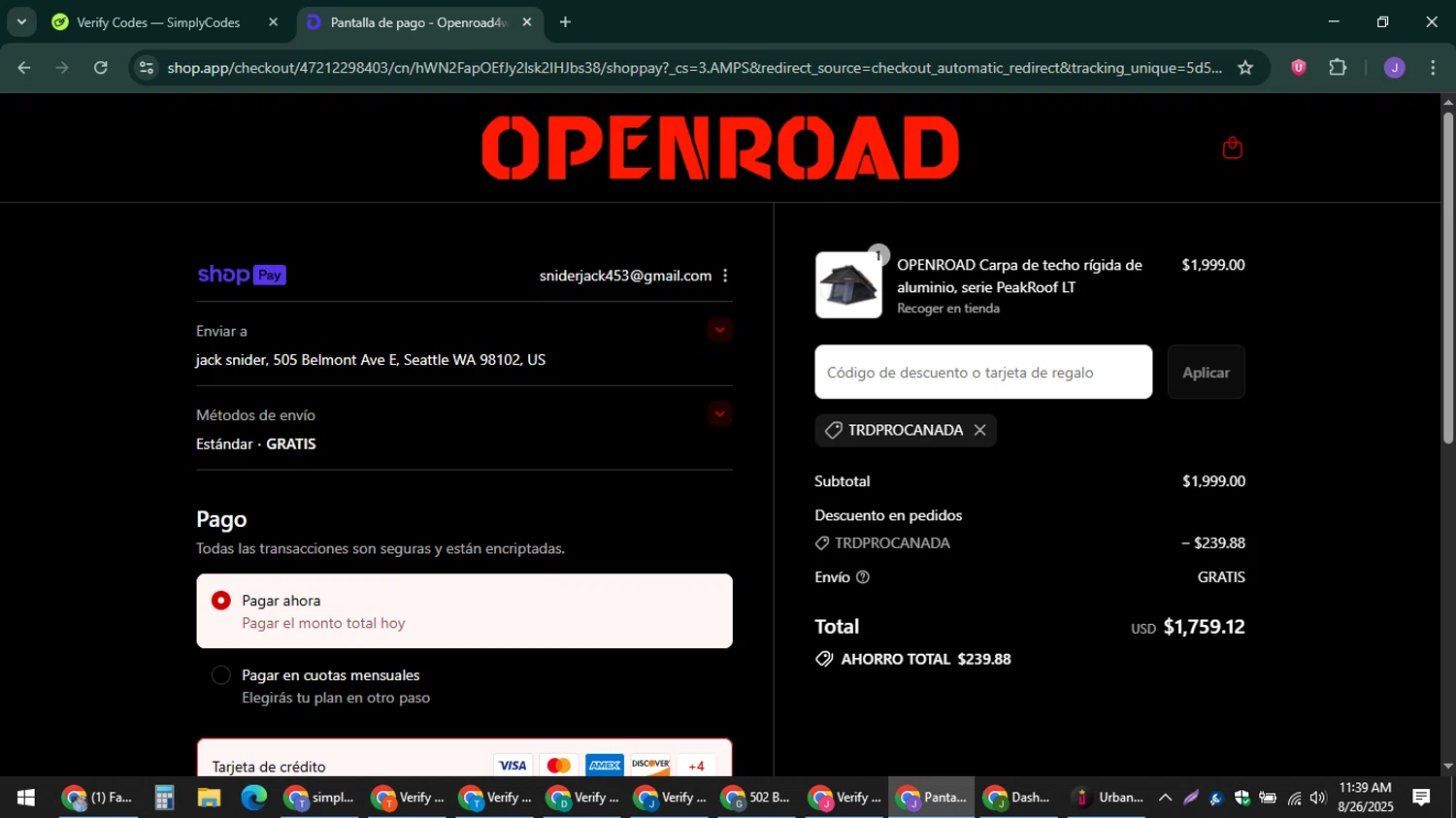 OpenRoad discount code screenshot showing code TRDPROCANADA applied at OpenRoad checkout page. Uploaded by SimplyCodes community member sniderjack453 on Aug 26, 2025