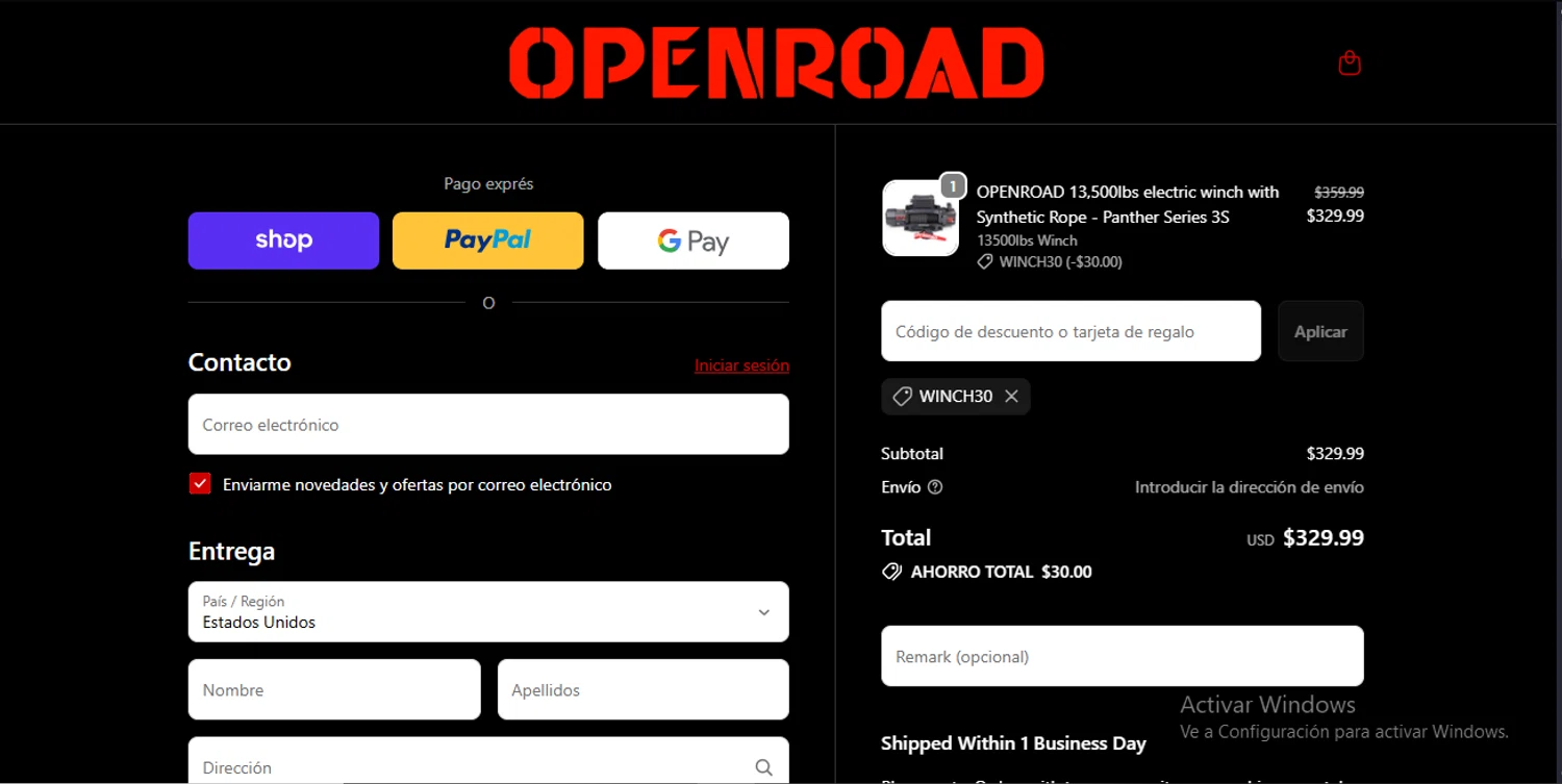 OpenRoad discount code screenshot showing code winch30 applied at OpenRoad checkout page. Uploaded by SimplyCodes community member RewardLynx9164 on Oct 6, 2025