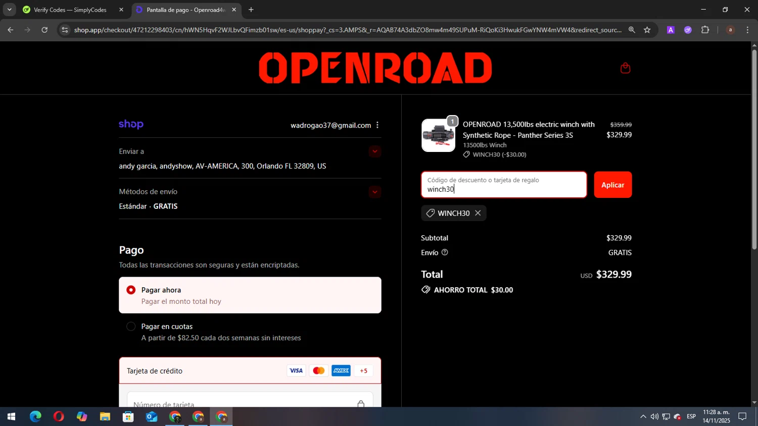 OpenRoad discount code screenshot showing code winch30 applied at OpenRoad checkout page. Uploaded by SimplyCodes community member elbicho22 on Nov 14, 2025