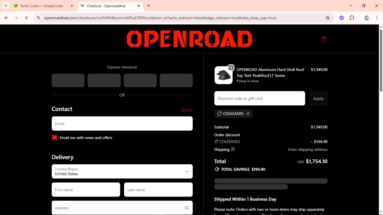 OpenRoad discount code screenshot showing code COLEEADES applied at OpenRoad checkout page. Uploaded by SimplyCodes community member Aguaita_coco on Oct 31, 2025