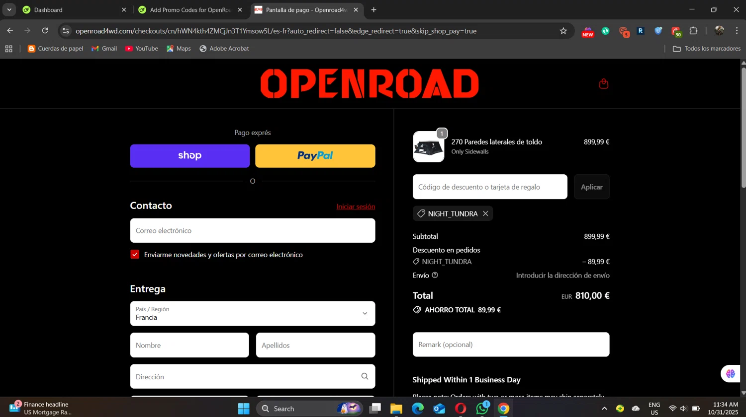 OpenRoad discount code screenshot showing code night_tundra applied at OpenRoad checkout page. Uploaded by SimplyCodes community member DiscountSleuth2229 on Oct 31, 2025