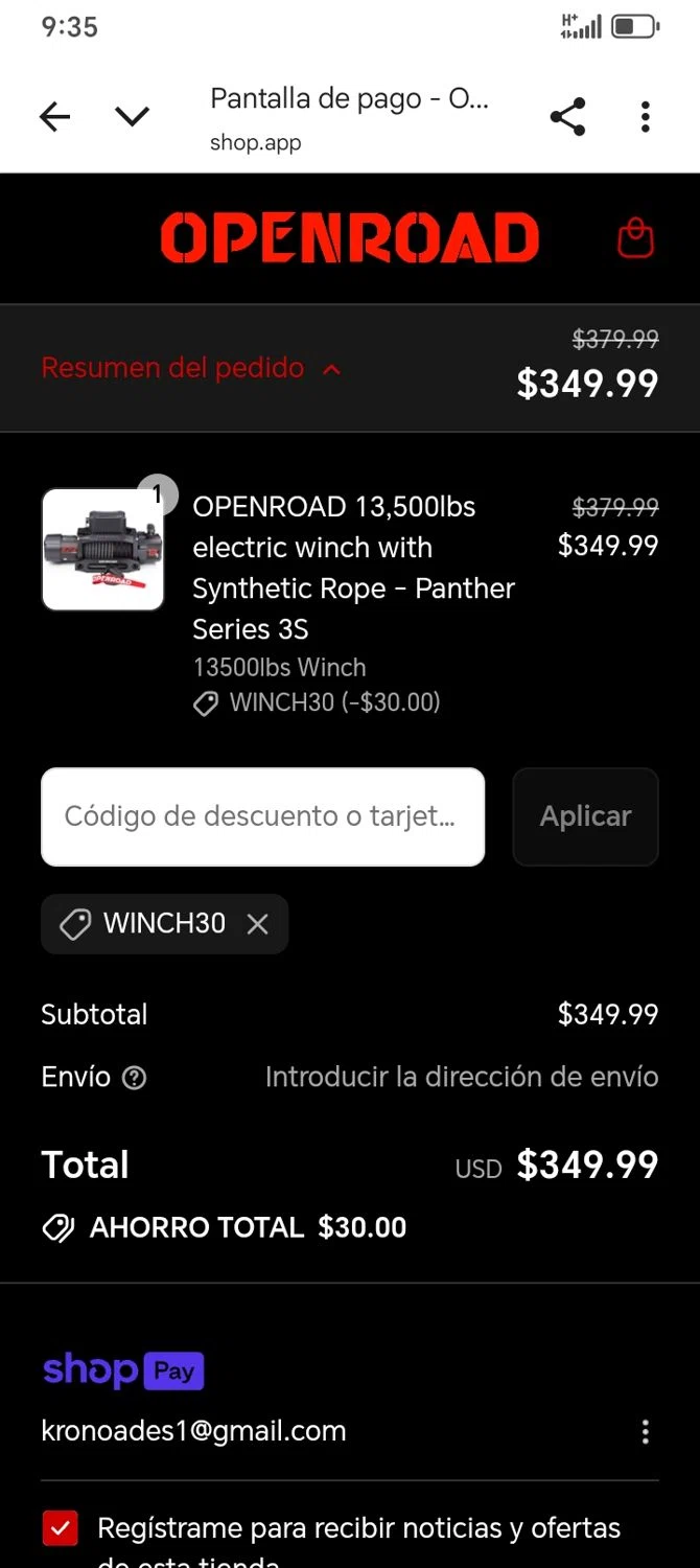 OpenRoad discount code screenshot showing code winch30 applied at OpenRoad checkout page. Uploaded by SimplyCodes community member franksanchez on Jul 14, 2025