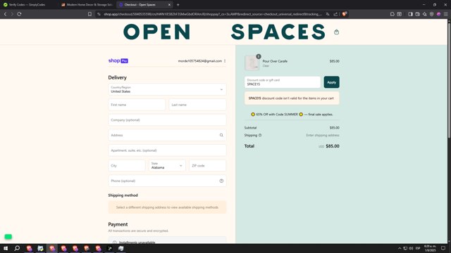 Open Spaces checkout page showing Open Spaces discount code box | Screenshot taken by SimplyCodes community member on Aug 1, 2025