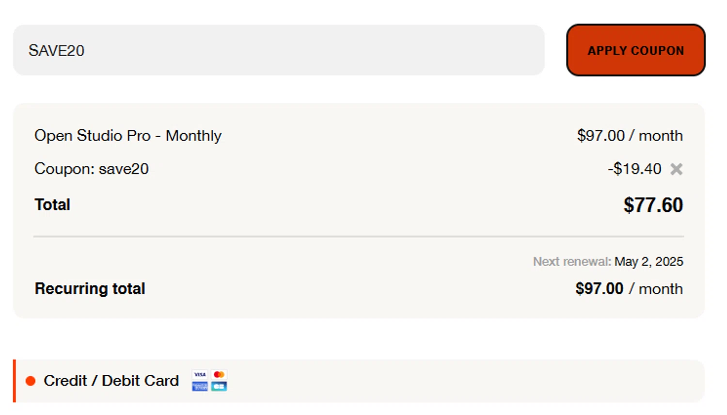 Open Studio discount code screenshot showing code SAVE20 applied at Open Studio checkout page. Uploaded by SimplyCodes community member Chukaflu on Apr 3, 2025
