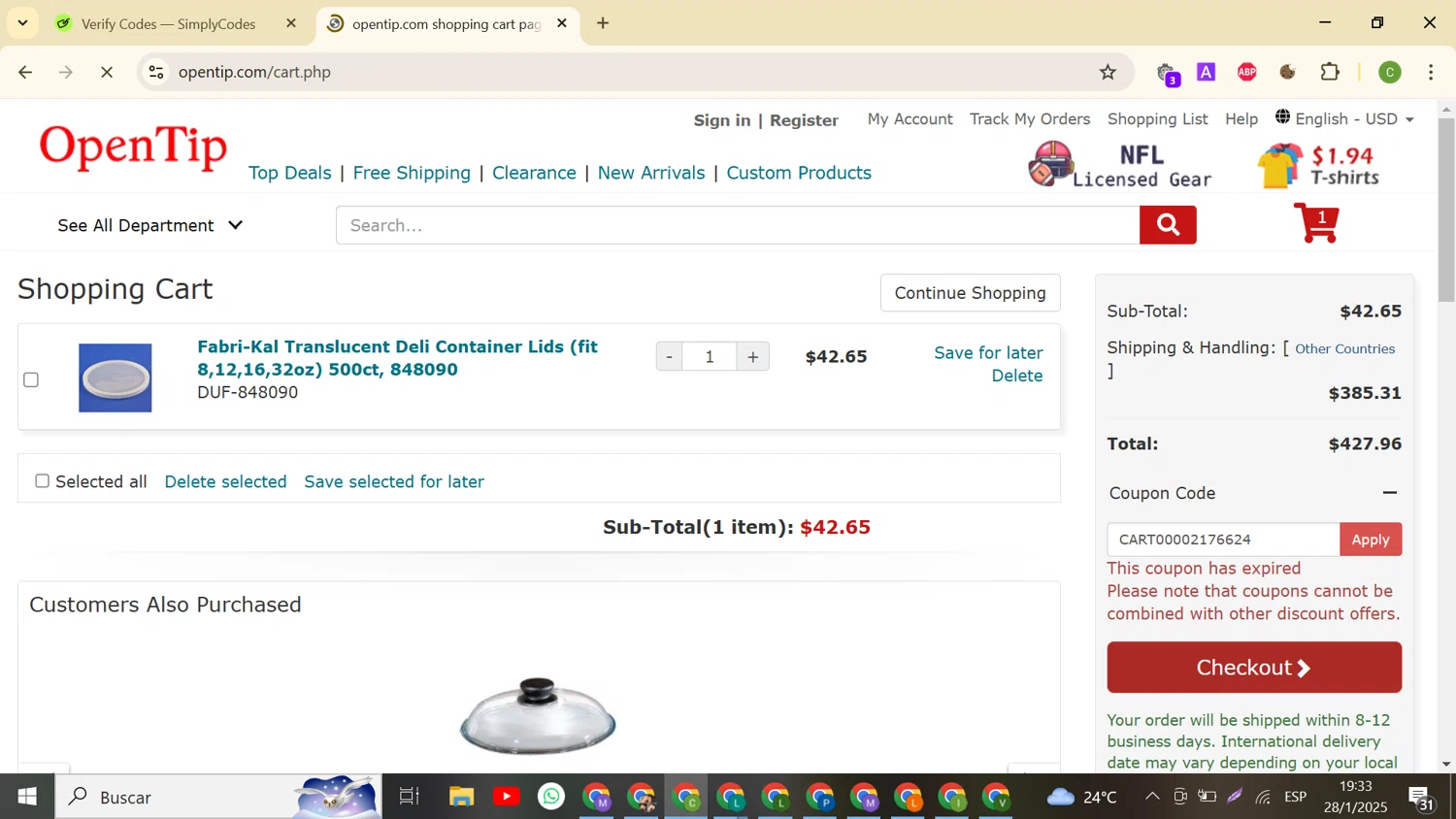 Open Tip coupon code screenshot showing code CART00002176624 applied at Open Tip checkout page. Uploaded by SimplyCodes community member DealHunter2862 on Jan 29, 2025