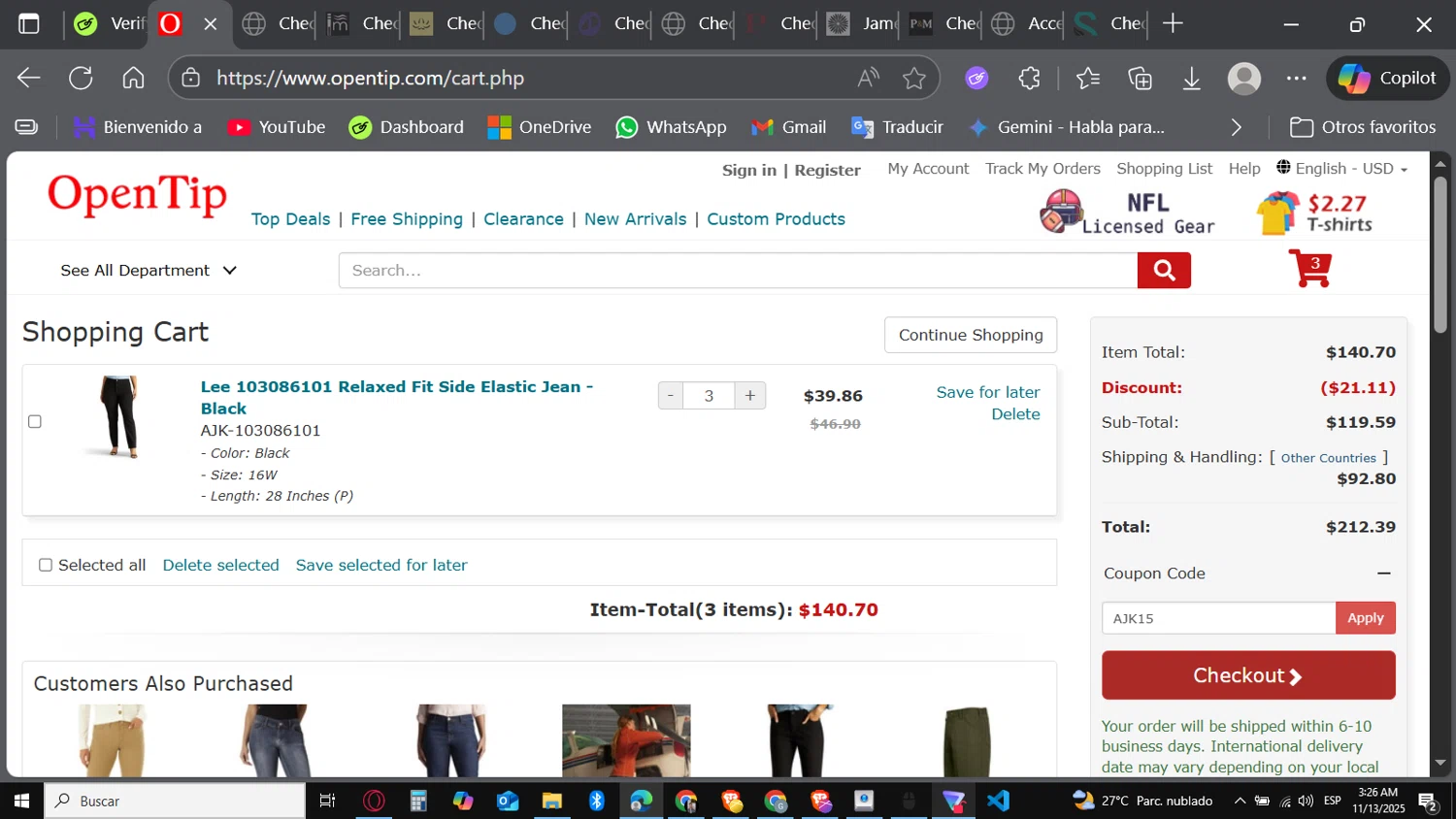 Open Tip coupon code screenshot showing code AJK15 applied at Open Tip checkout page. Uploaded by SimplyCodes community member Carbon132 on Nov 13, 2025