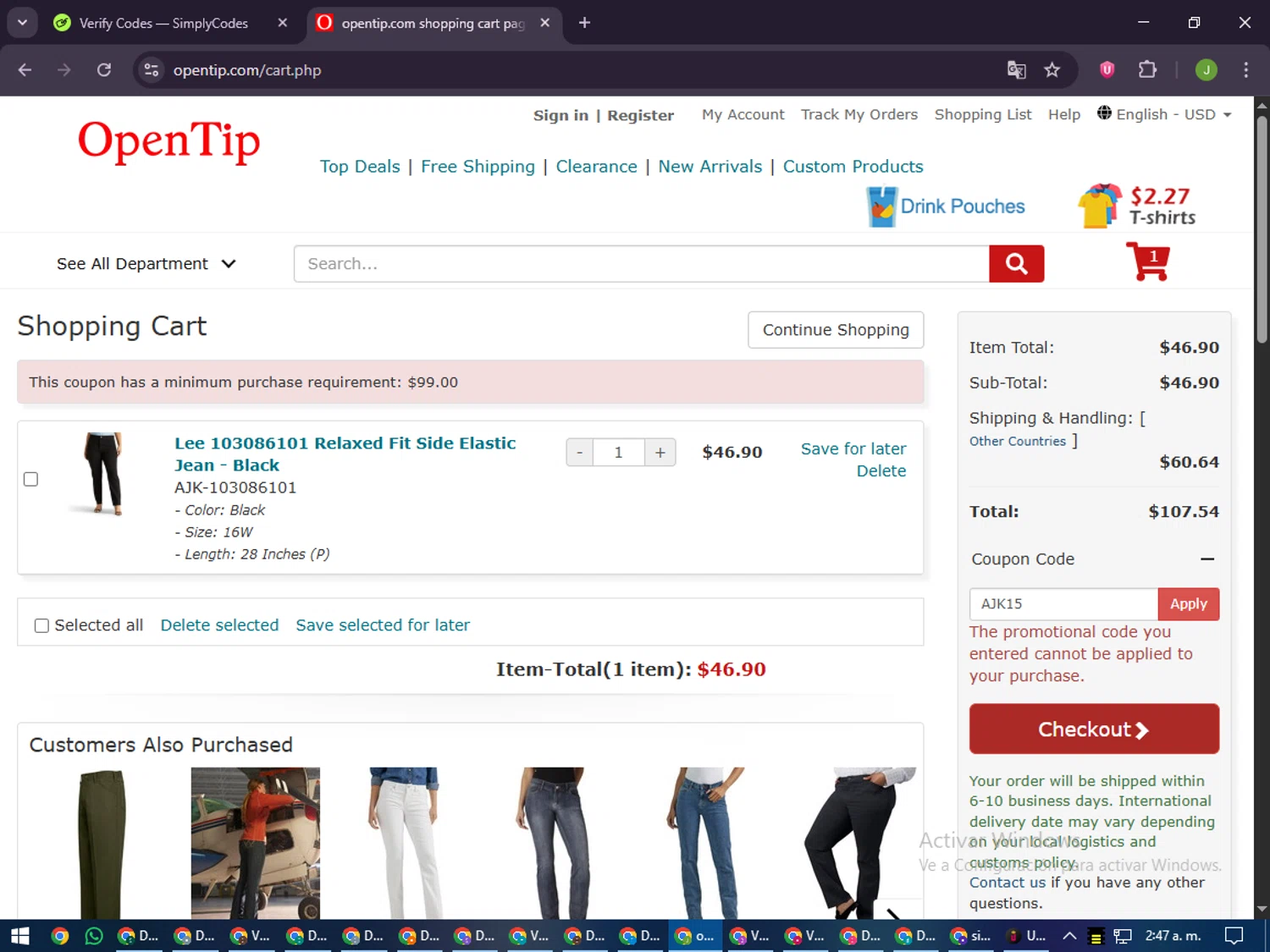 Open Tip coupon code screenshot showing code AJK15 applied at Open Tip checkout page. Uploaded by SimplyCodes community member LilBaby on Nov 13, 2025