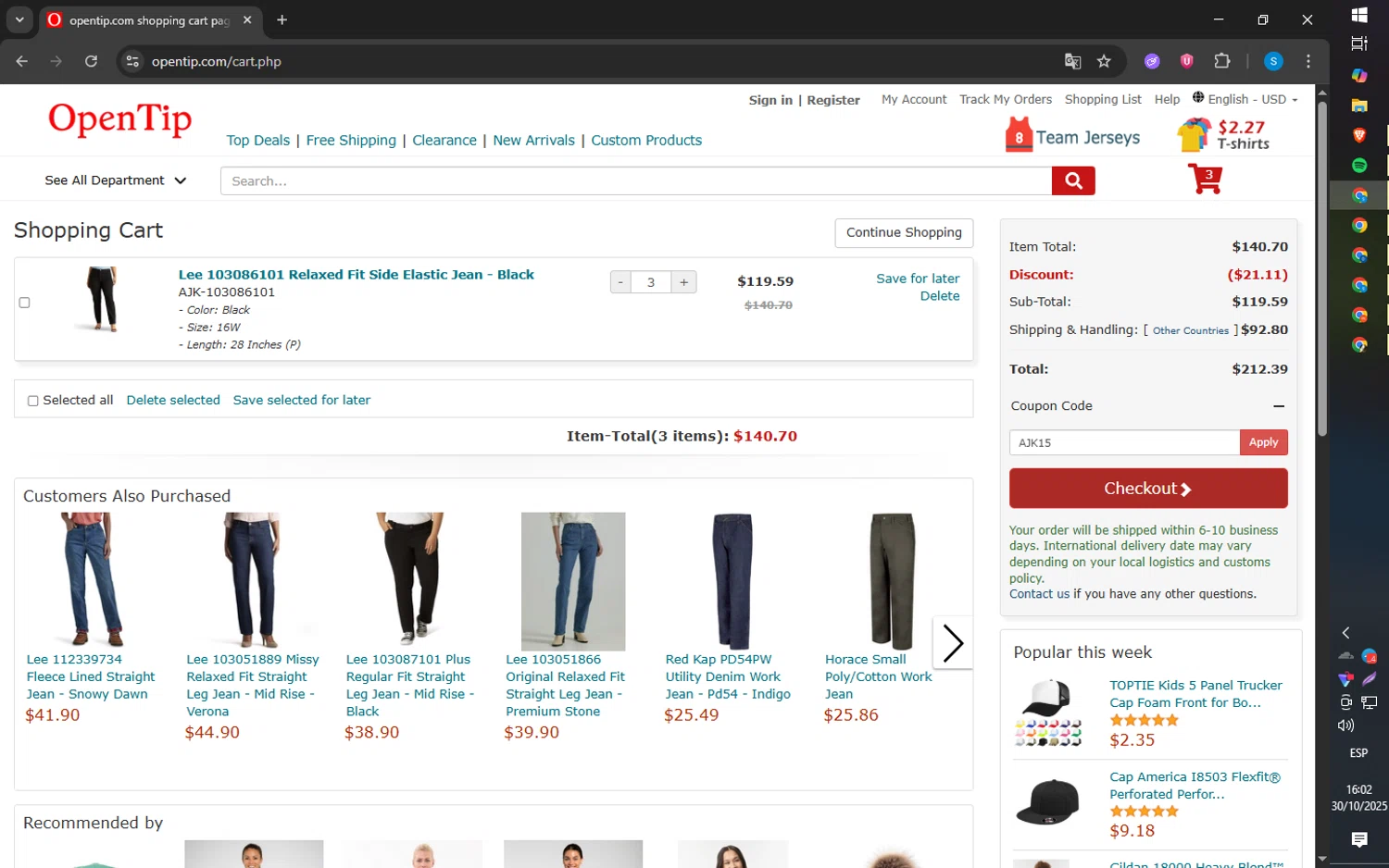 Open Tip coupon code screenshot showing code AJK15 applied at Open Tip checkout page. Uploaded by SimplyCodes community member SmartSaver5448 on Oct 30, 2025