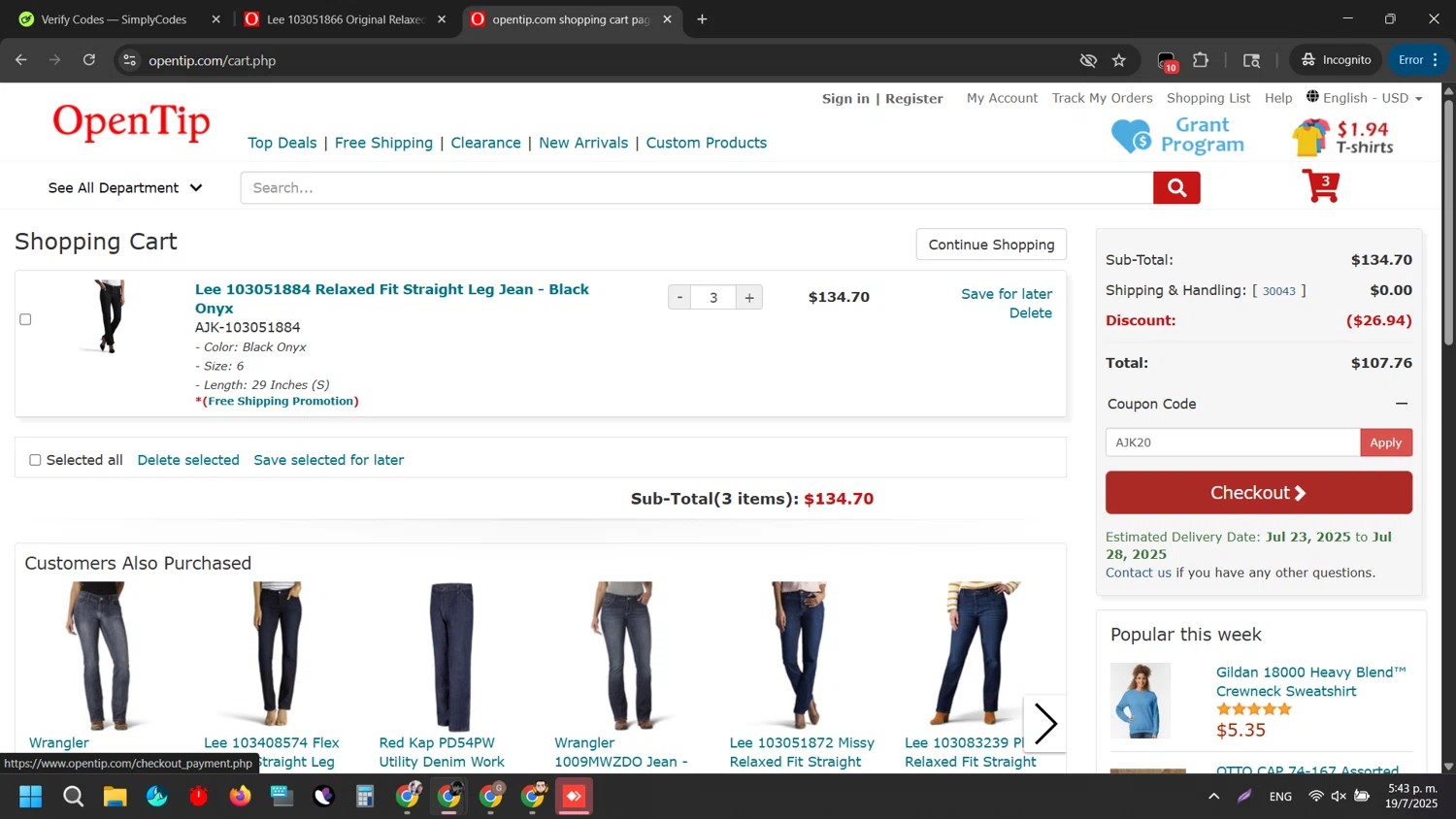 Open Tip coupon code screenshot showing code AJK20 applied at Open Tip checkout page. Uploaded by SimplyCodes community member SilverAdmiral2559 on Jul 19, 2025