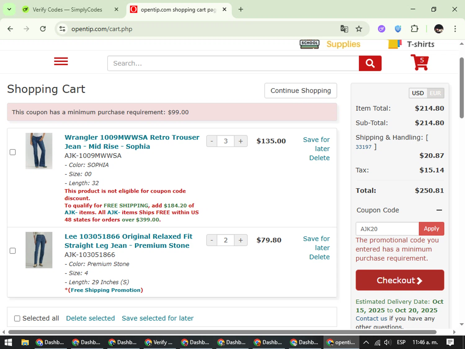 Open Tip coupon code screenshot showing code AJK20 applied at Open Tip checkout page. Uploaded by SimplyCodes community member WonderCurator791 on Oct 7, 2025