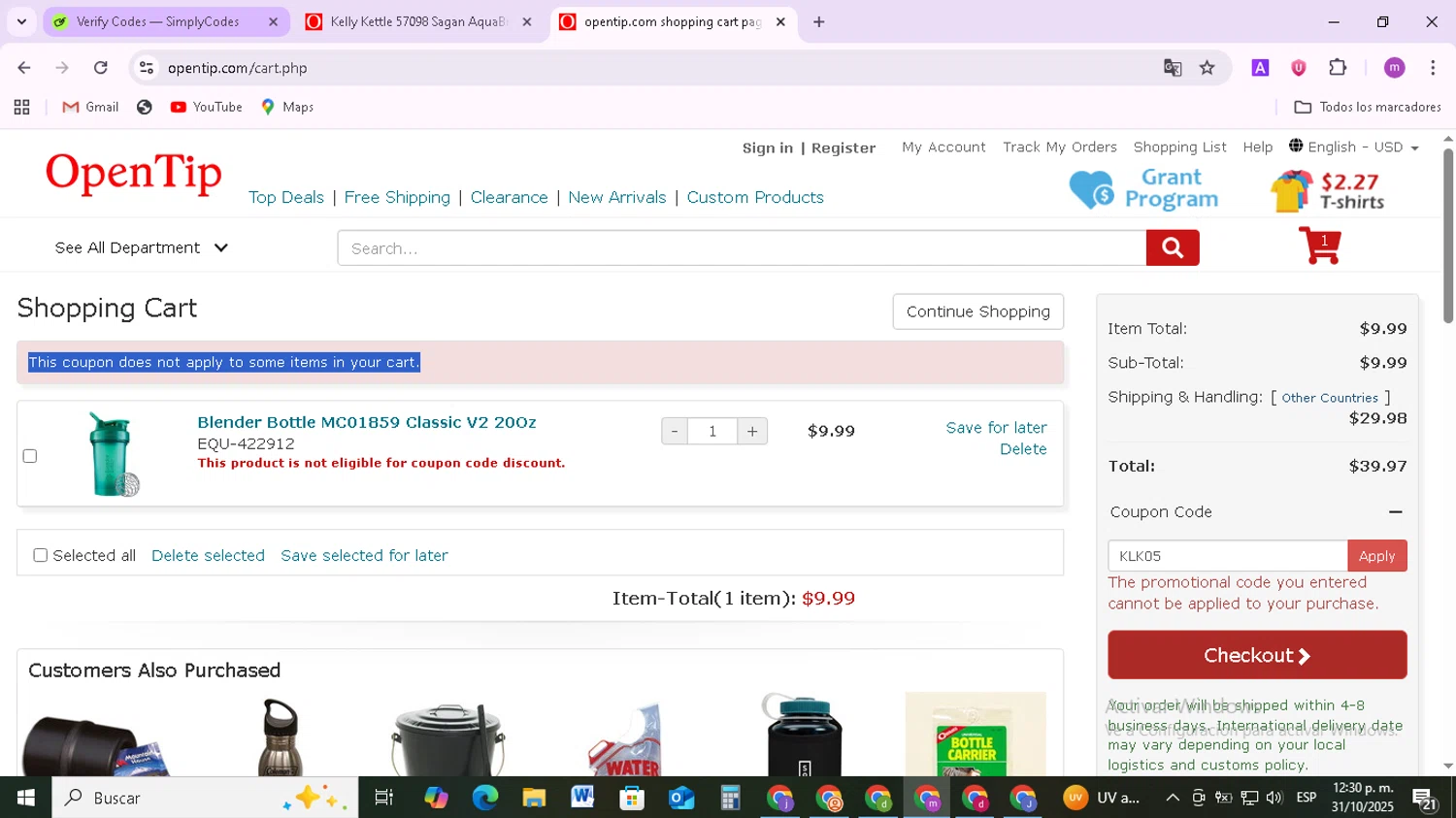 Open Tip coupon code screenshot showing code KLK05 applied at Open Tip checkout page. Uploaded by SimplyCodes community member BudgetMonarch8952 on Oct 31, 2025