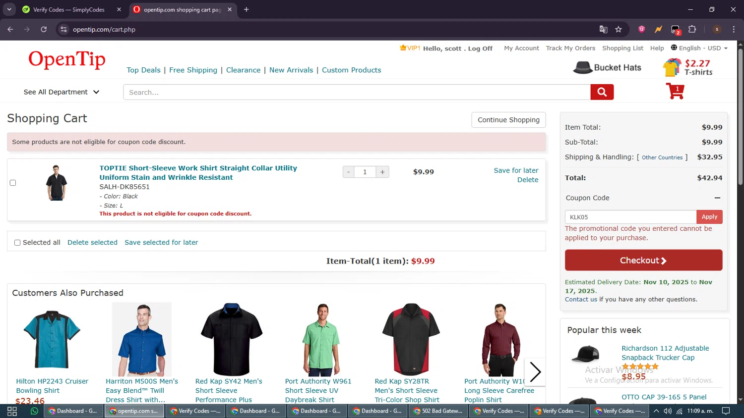 Open Tip coupon code screenshot showing code KLK05 applied at Open Tip checkout page. Uploaded by SimplyCodes community member GoldSentinel1426 on Oct 31, 2025