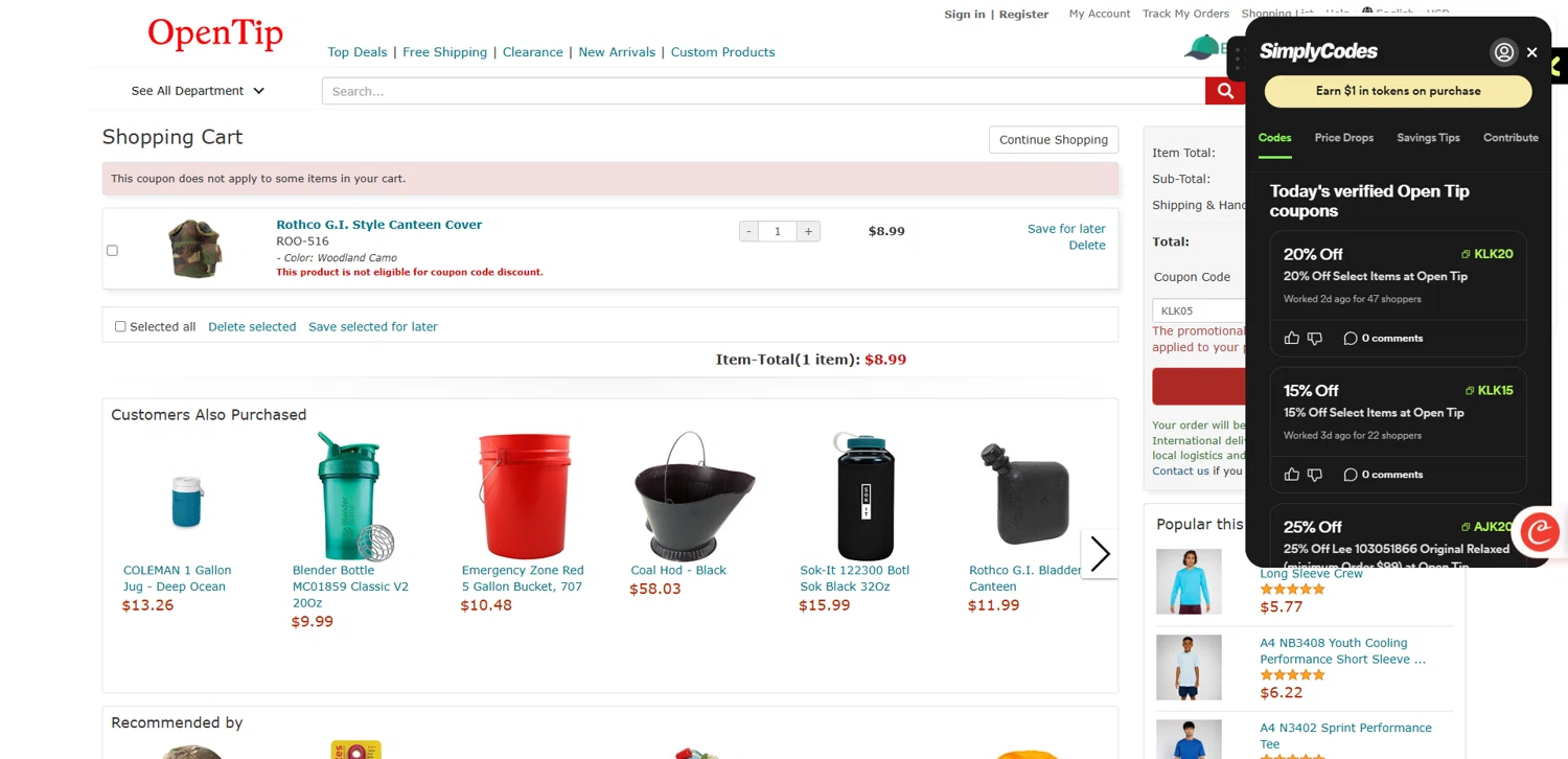 Open Tip coupon code screenshot showing code KLK05 applied at Open Tip checkout page. Uploaded by SimplyCodes community member pabloprieto on Oct 31, 2025