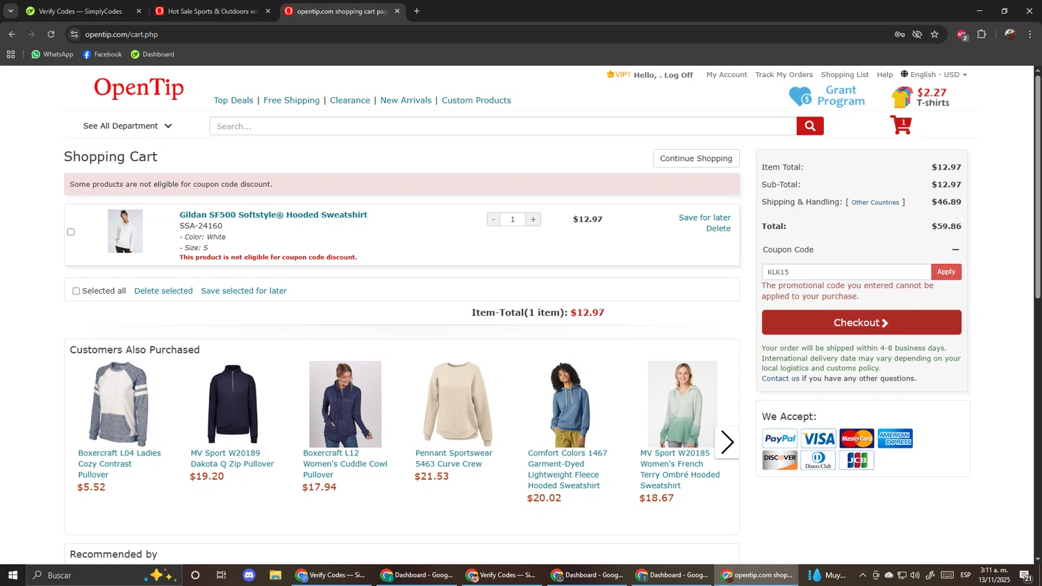 Open Tip coupon code screenshot showing code KLK15 applied at Open Tip checkout page. Uploaded by SimplyCodes community member ScanShopper554 on Nov 13, 2025