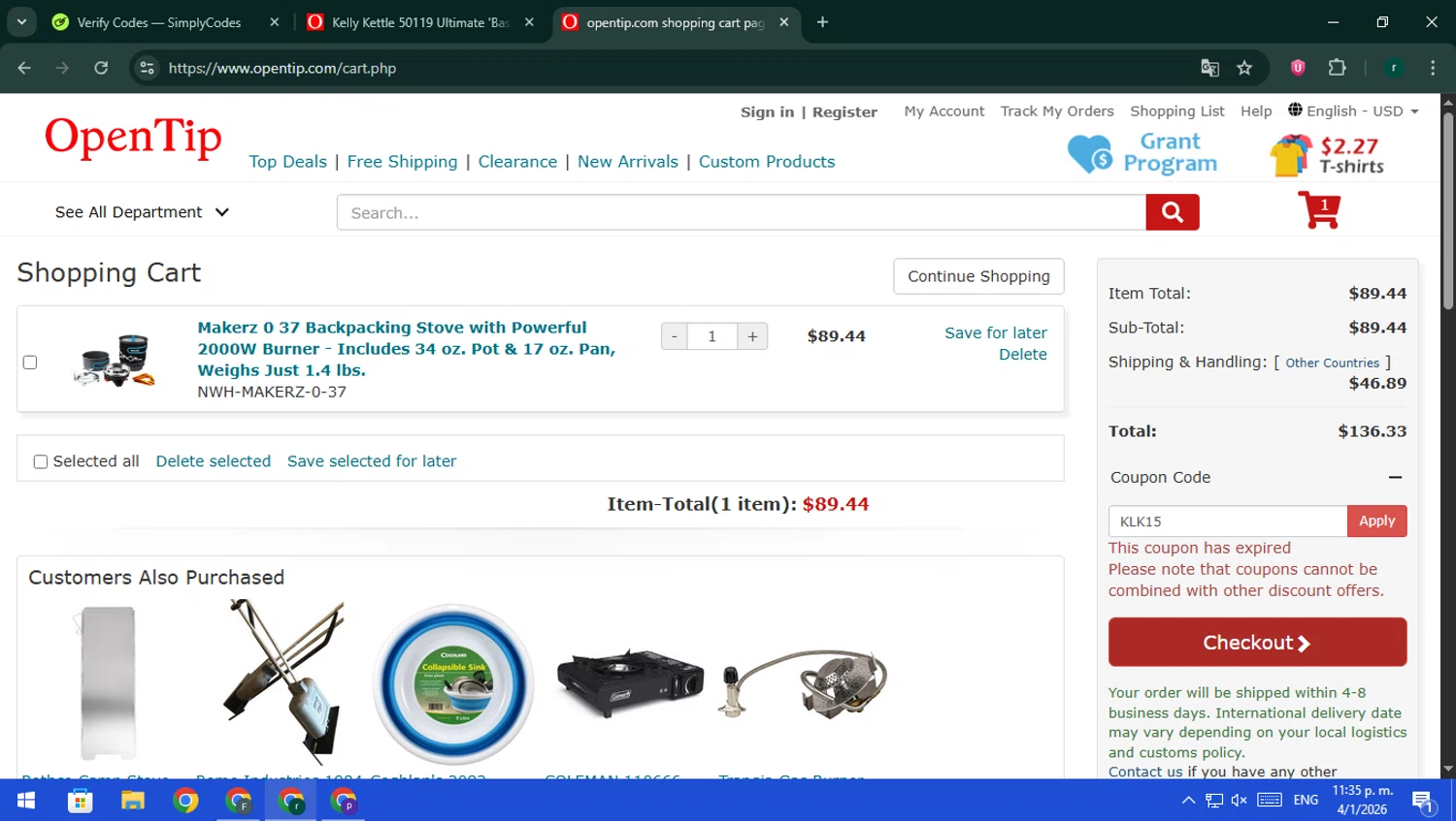 Open Tip coupon code screenshot showing code KLK15 applied at Open Tip checkout page. Uploaded by SimplyCodes community member rodri1 on Jan 5, 2026