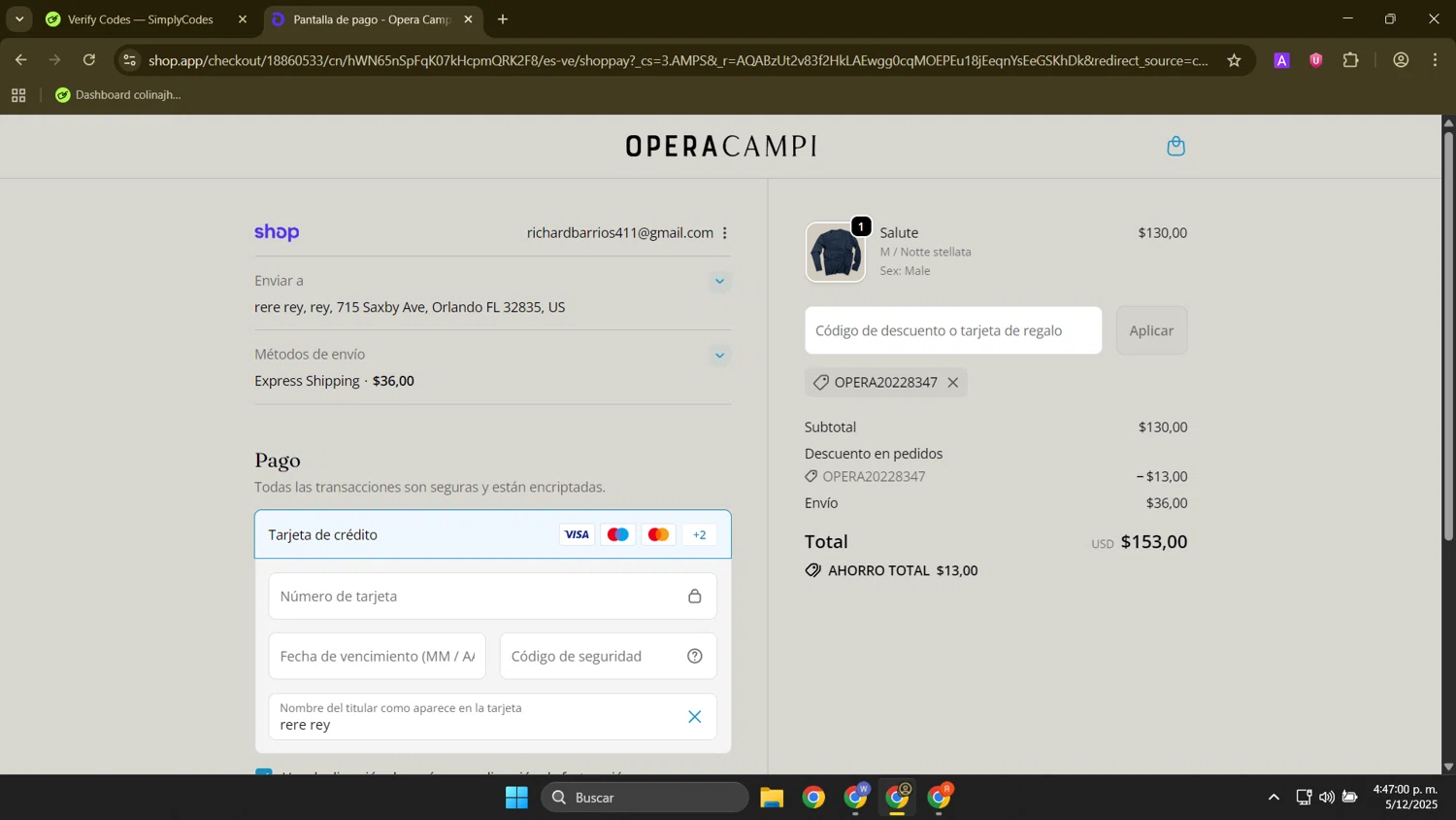 Opera Campi promo code screenshot showing code OPERA20228347 applied at Opera Campi checkout page. Uploaded by SimplyCodes community member FortunateElite9977 on Dec 5, 2025