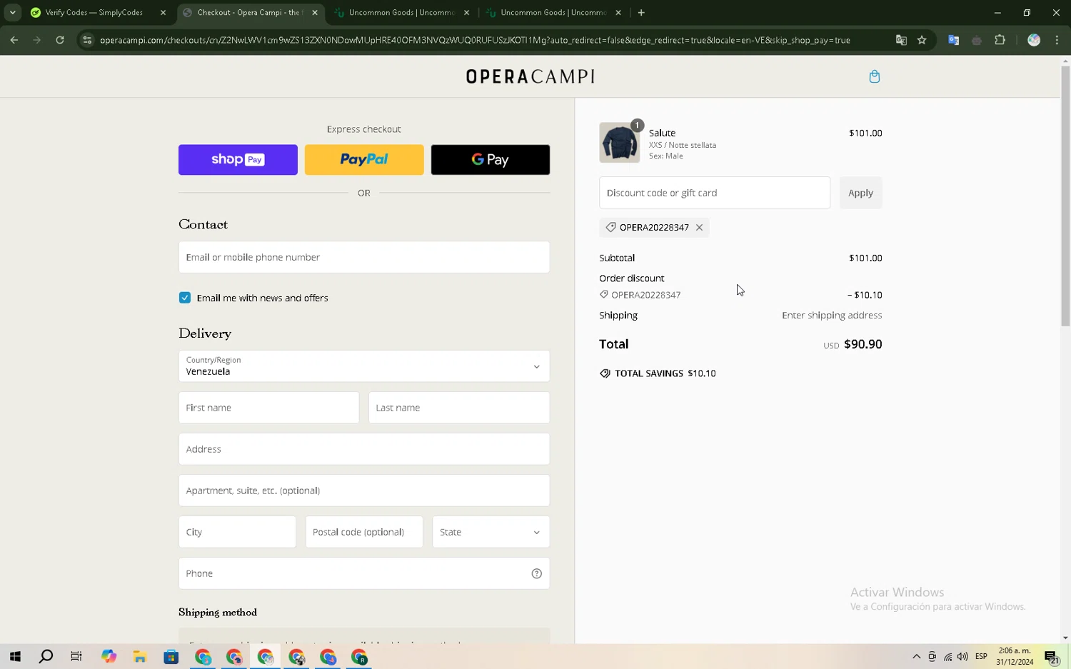 Opera Campi promo code screenshot showing code OPERA20228347 applied at Opera Campi checkout page. Uploaded by SimplyCodes community member FINN_SHELBY on Dec 31, 2024