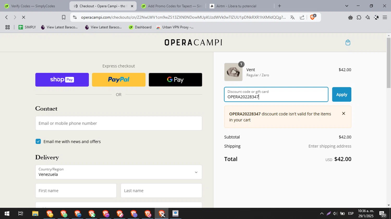 Opera Campi promo code screenshot showing code OPERA20228347 applied at Opera Campi checkout page. Uploaded by SimplyCodes community member cuponbara on Jan 29, 2025