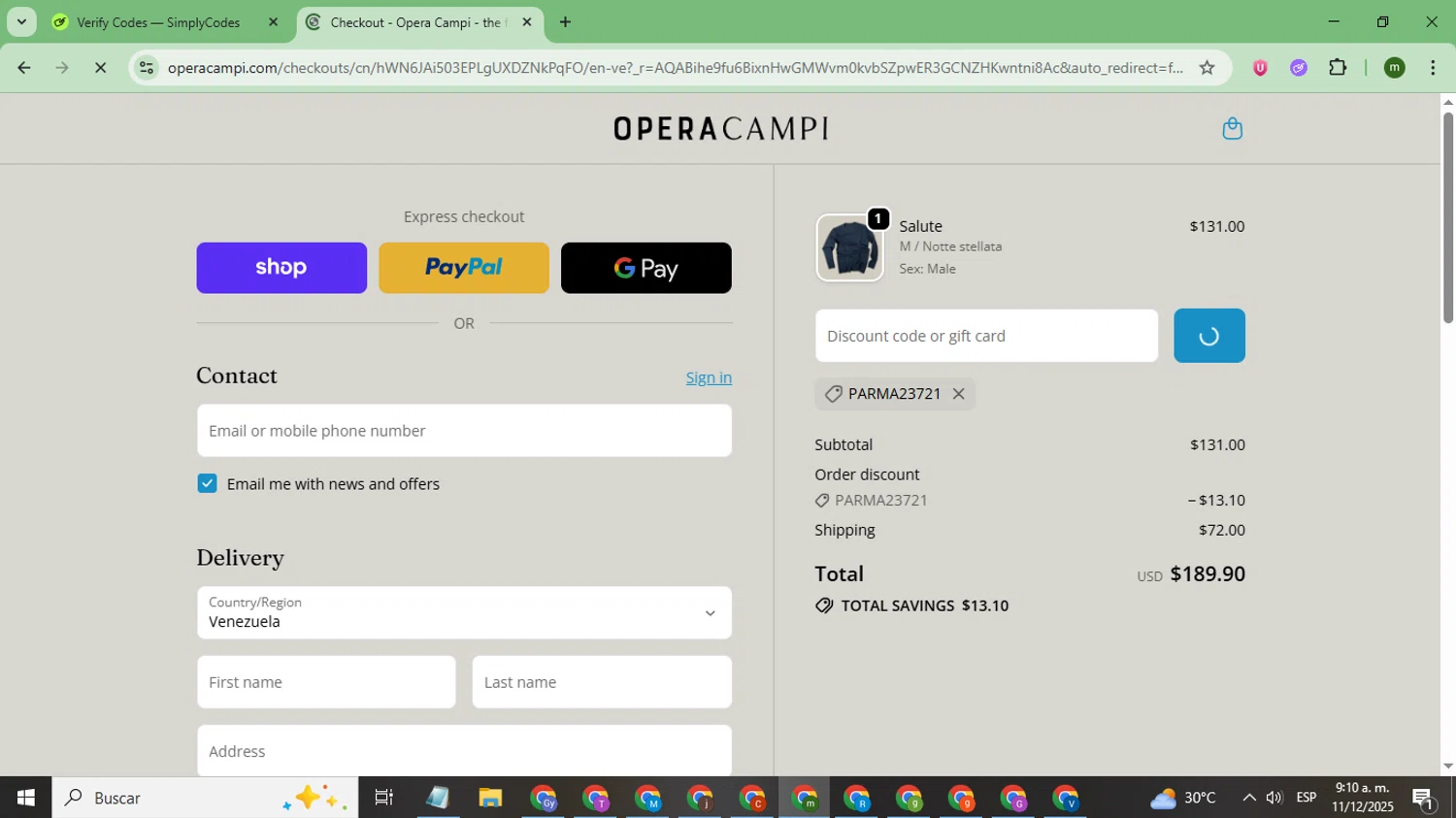 Opera Campi promo code screenshot showing code PARMA23721 applied at Opera Campi checkout page. Uploaded by SimplyCodes community member CoinSage7057 on Dec 11, 2025