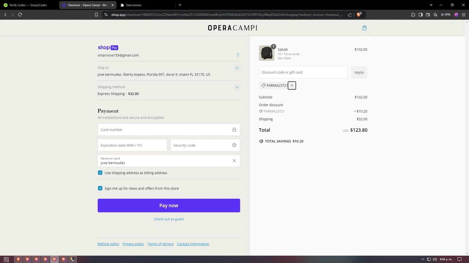 Opera Campi promo code screenshot showing code PARMA23721 applied at Opera Campi checkout page. Uploaded by SimplyCodes community member bakyhatman1020 on Dec 29, 2024