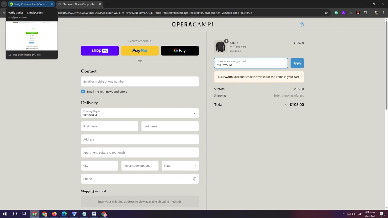 Opera Campi promo code screenshot showing code KEEPWARM applied at Opera Campi checkout page. Uploaded by SimplyCodes community member eliaskao on Mar 25, 2025
