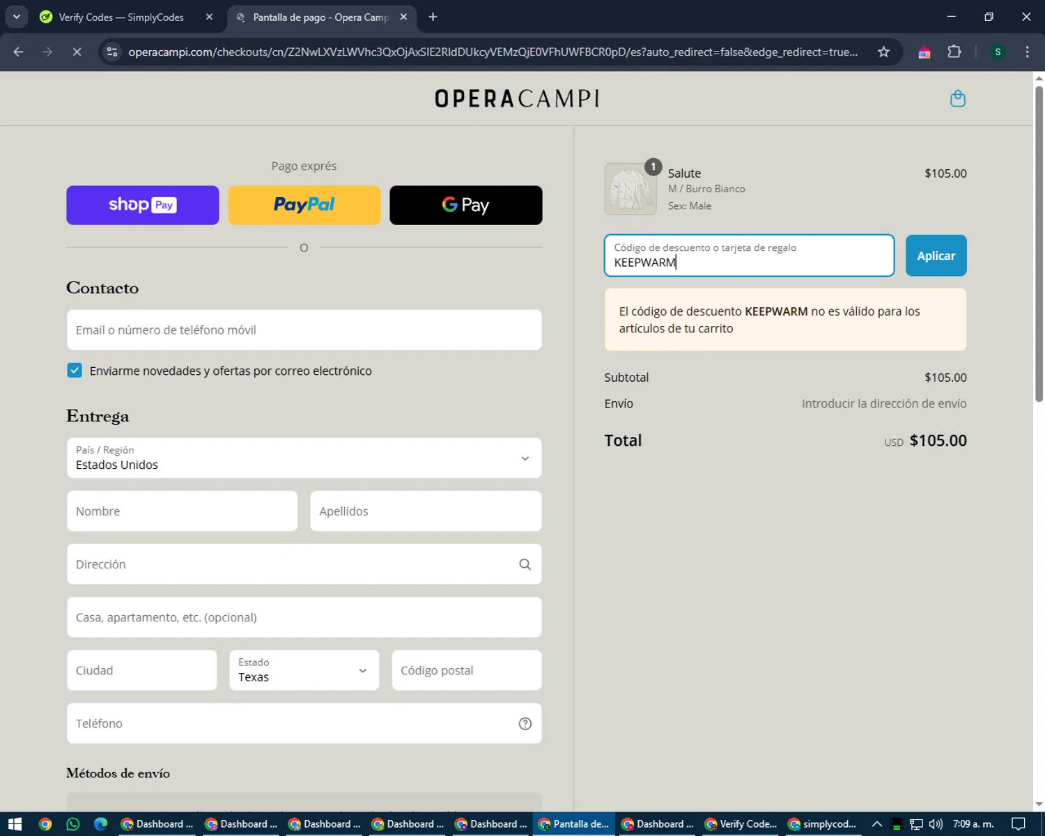 Opera Campi promo code screenshot showing code KEEPWARM applied at Opera Campi checkout page. Uploaded by SimplyCodes community member lilMosey on Mar 25, 2025