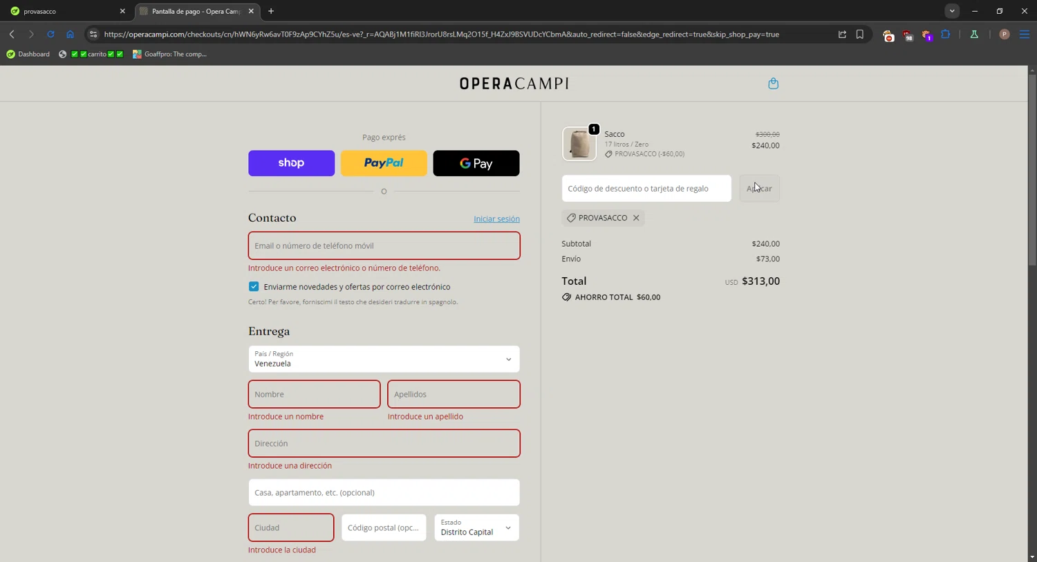 Opera Campi promo code screenshot showing code provasacco applied at Opera Campi checkout page. Uploaded by SimplyCodes community member CrownPro3073 on Dec 29, 2025