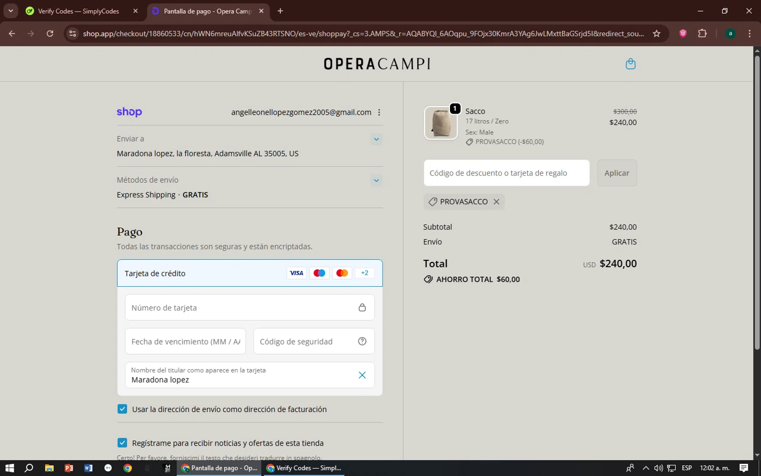 Opera Campi promo code screenshot showing code provasacco applied at Opera Campi checkout page. Uploaded by SimplyCodes community member zizu55 on Dec 24, 2025