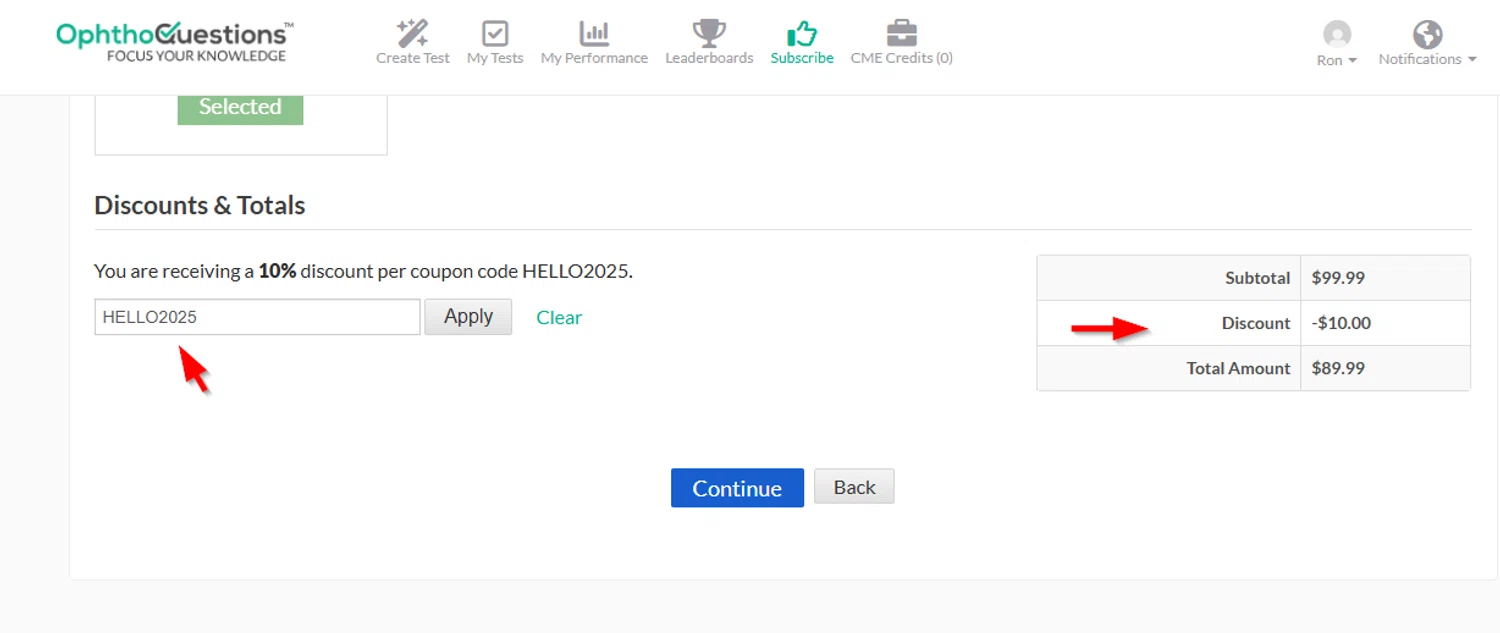 OphthoQuestions discount code screenshot showing code HELLO2025 applied at OphthoQuestions checkout page. Uploaded by SimplyCodes community member SimplyCVerlie on Jan 19, 2025