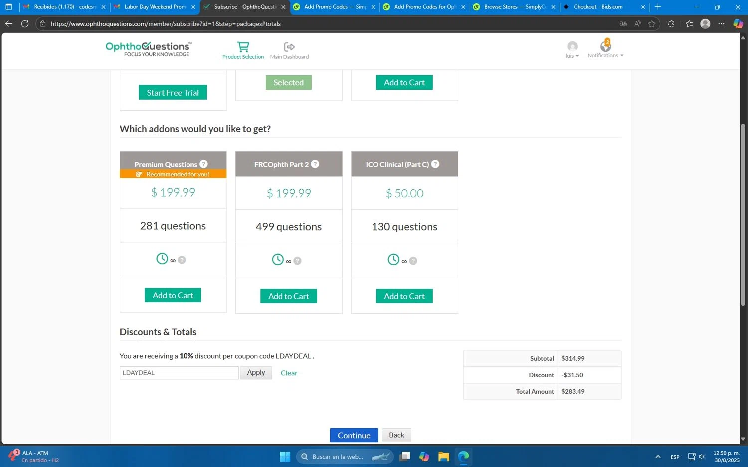 OphthoQuestions discount code screenshot showing code LDAYDEAL applied at OphthoQuestions checkout page. Uploaded by SimplyCodes community member Mdeoca on Aug 30, 2025