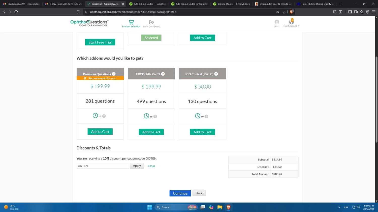 OphthoQuestions discount code screenshot showing code OQTEN applied at OphthoQuestions checkout page. Uploaded by SimplyCodes community member Mdeoca on Sep 29, 2025