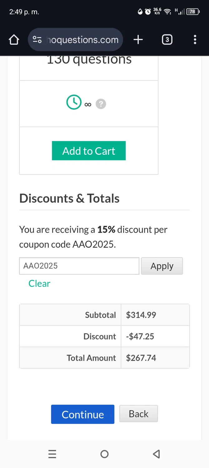 OphthoQuestions discount code screenshot showing code AAO2025 applied at OphthoQuestions checkout page. Uploaded by SimplyCodes community member Mdeoca on Oct 21, 2025