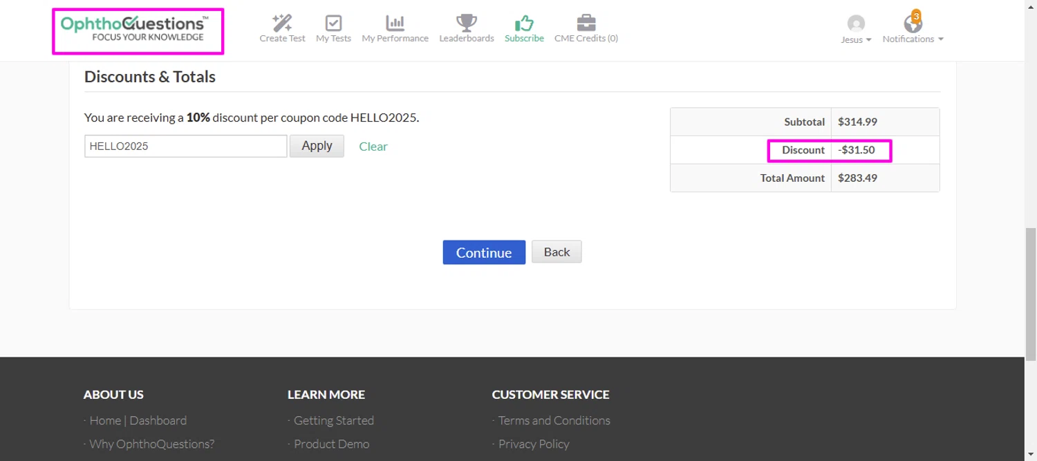 OphthoQuestions discount code screenshot showing code HELLO2025 applied at OphthoQuestions checkout page. Uploaded by SimplyCodes community member mrdarcy on Jan 19, 2025