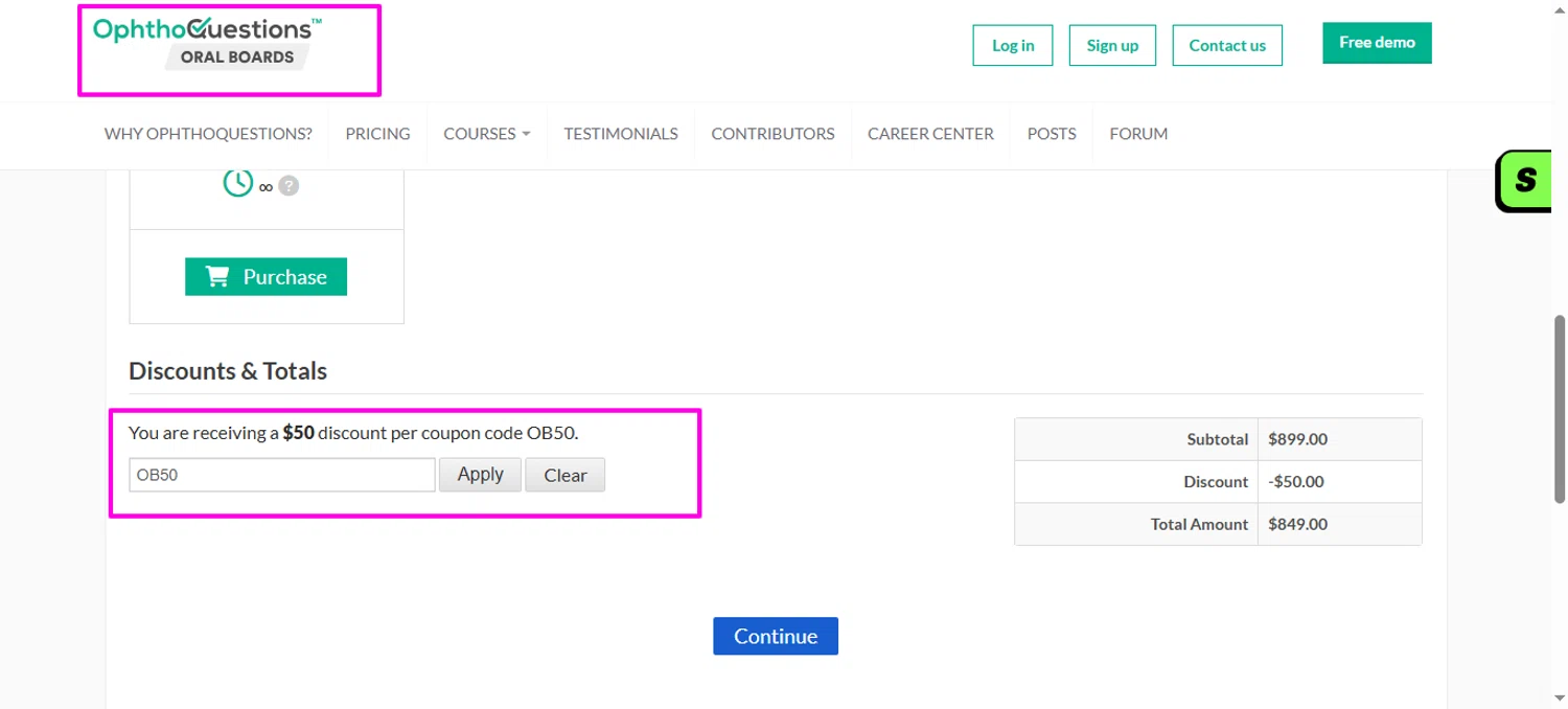 OphthoQuestions promo code screenshot showing code OB50 applied at OphthoQuestions checkout page. Uploaded by SimplyCodes community member mrdarcy on Feb 21, 2026