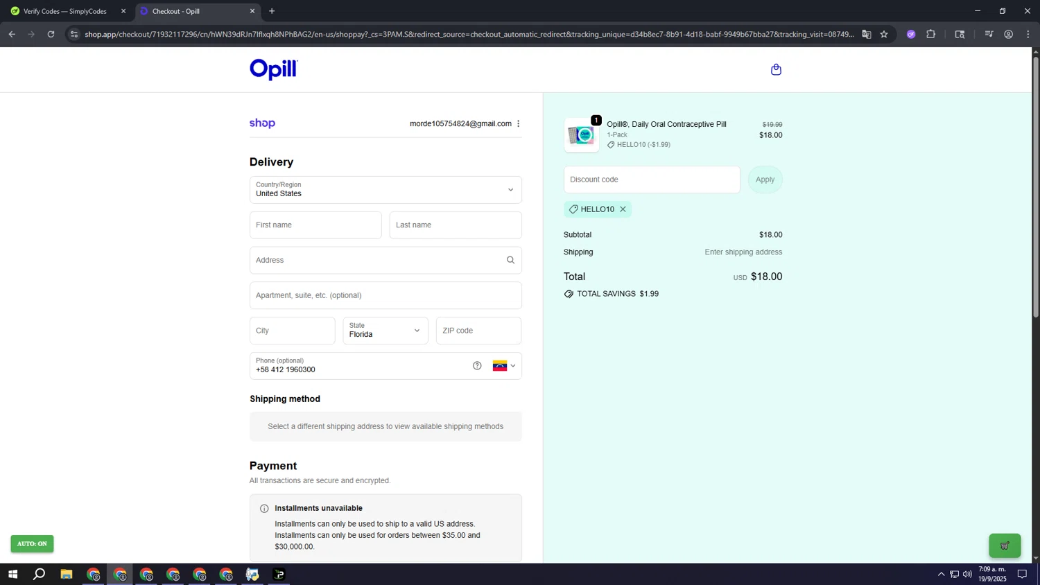 Opill discount code screenshot showing code HELLO10 applied at Opill checkout page. Uploaded by SimplyCodes community member aaaaaaaaaaaaaaaa on Sep 19, 2025