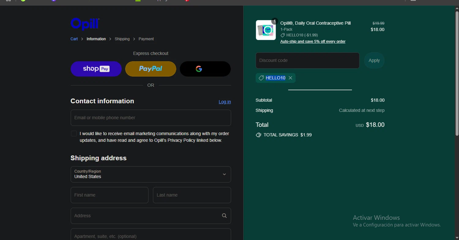 Opill discount code screenshot showing code HELLO10 applied at Opill checkout page. Uploaded by SimplyCodes community member Pollofrito on Jul 23, 2025