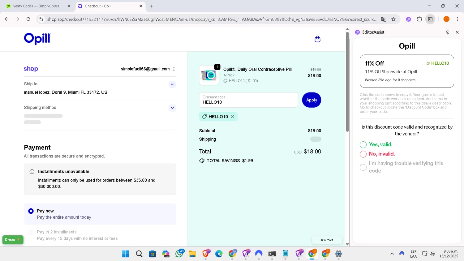 Opill checkout page showing Opill discount code box | Screenshot taken by SimplyCodes community member on Dec 15, 2025