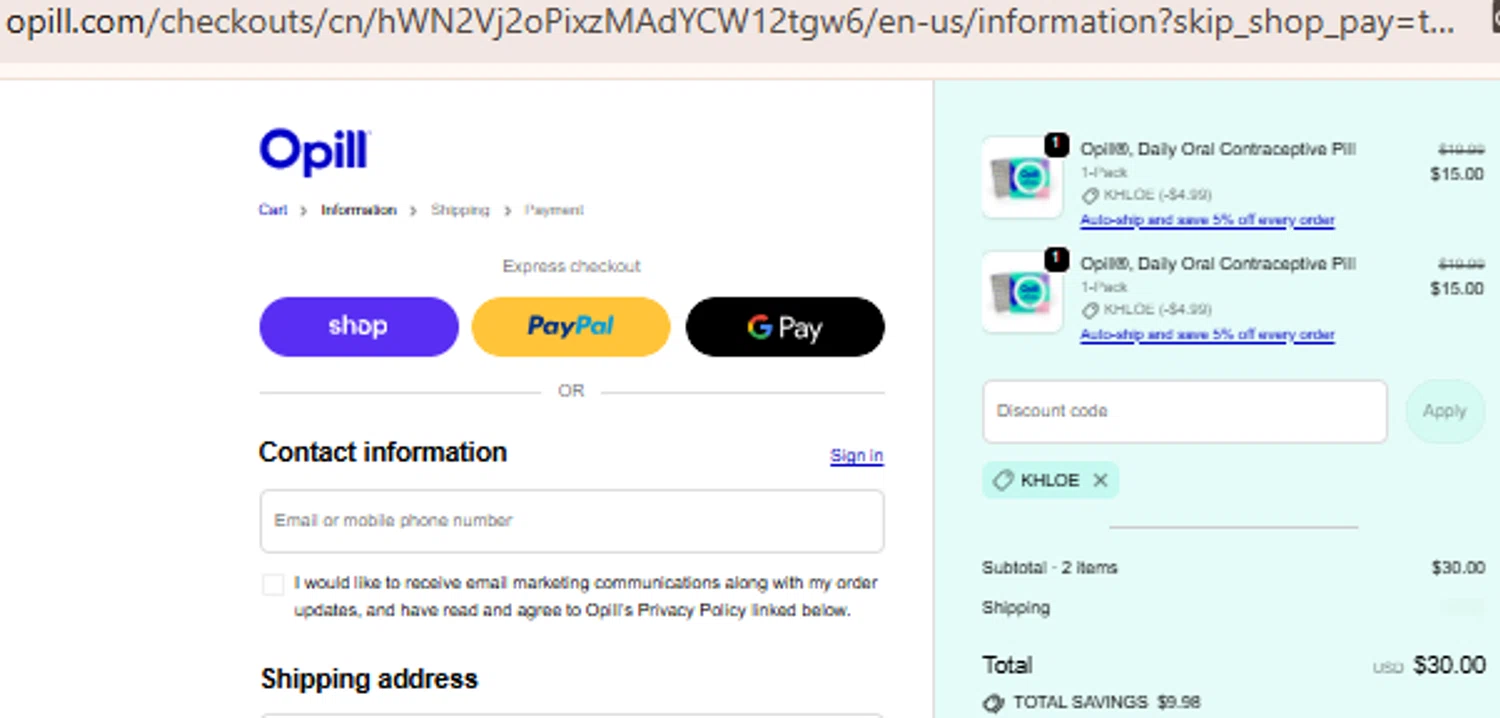 Opill discount code screenshot showing code KHLOE applied at Opill checkout page. Uploaded by SimplyCodes community member BudgetLion5814 on Sep 21, 2025