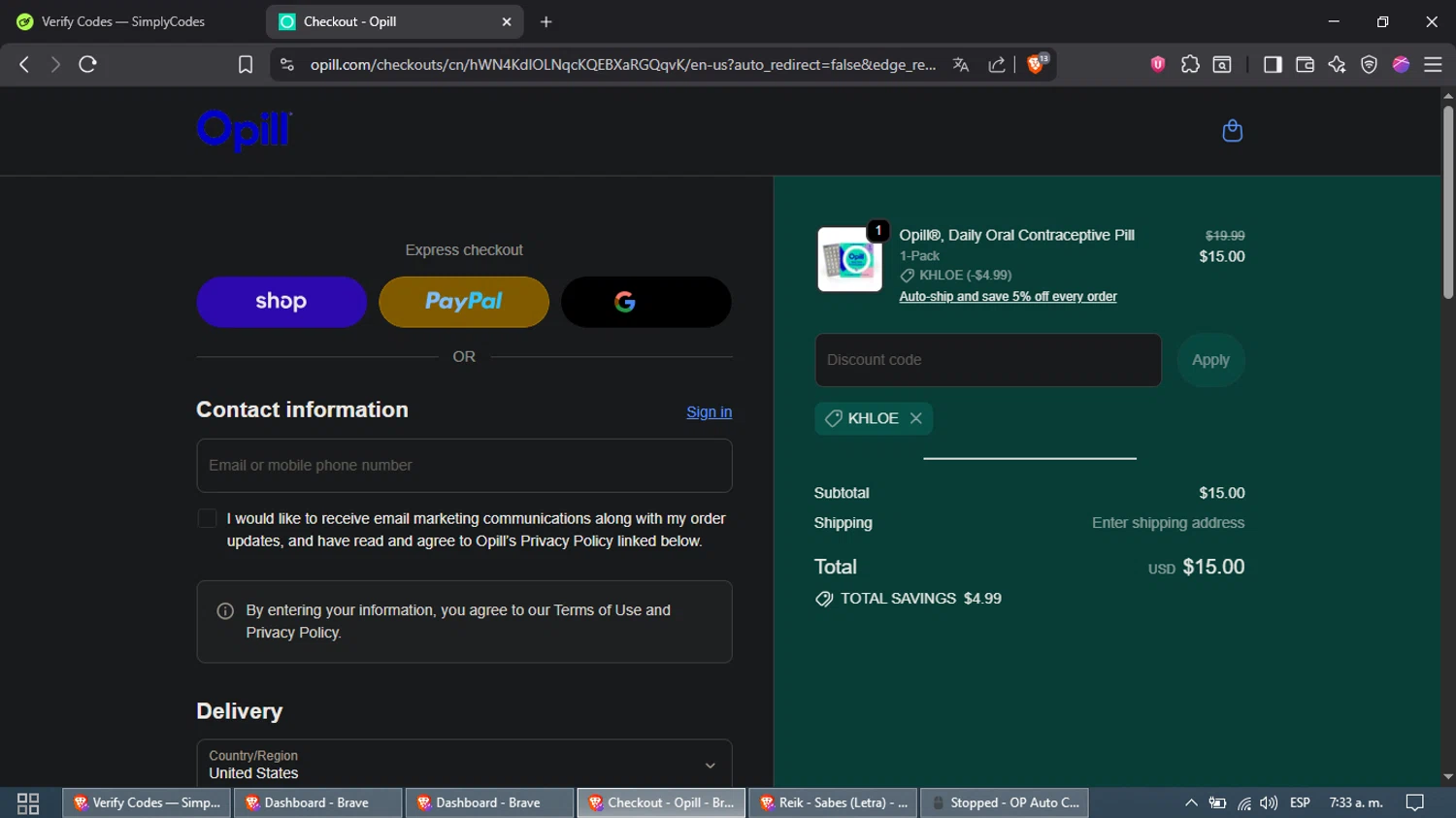 Opill discount code screenshot showing code KHLOE applied at Opill checkout page. Uploaded by SimplyCodes community member Waynesmith on Oct 20, 2025