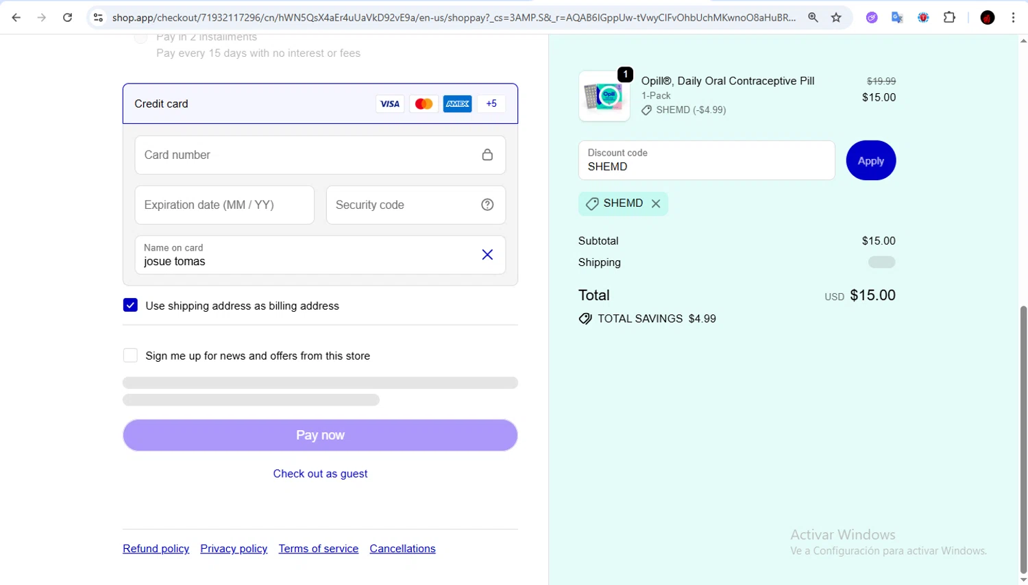 Opill discount code screenshot showing code SHEMD applied at Opill checkout page. Uploaded by SimplyCodes community member Francisco01 on Nov 18, 2025