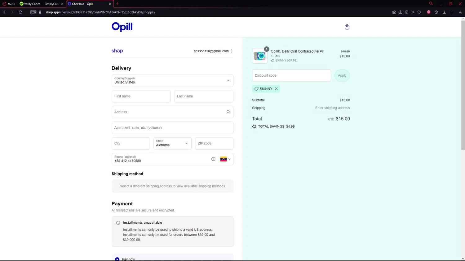 Opill discount code screenshot showing code SKINNY applied at Opill checkout page. Uploaded by SimplyCodes community member LegendarySeeker3956 on Sep 2, 2025